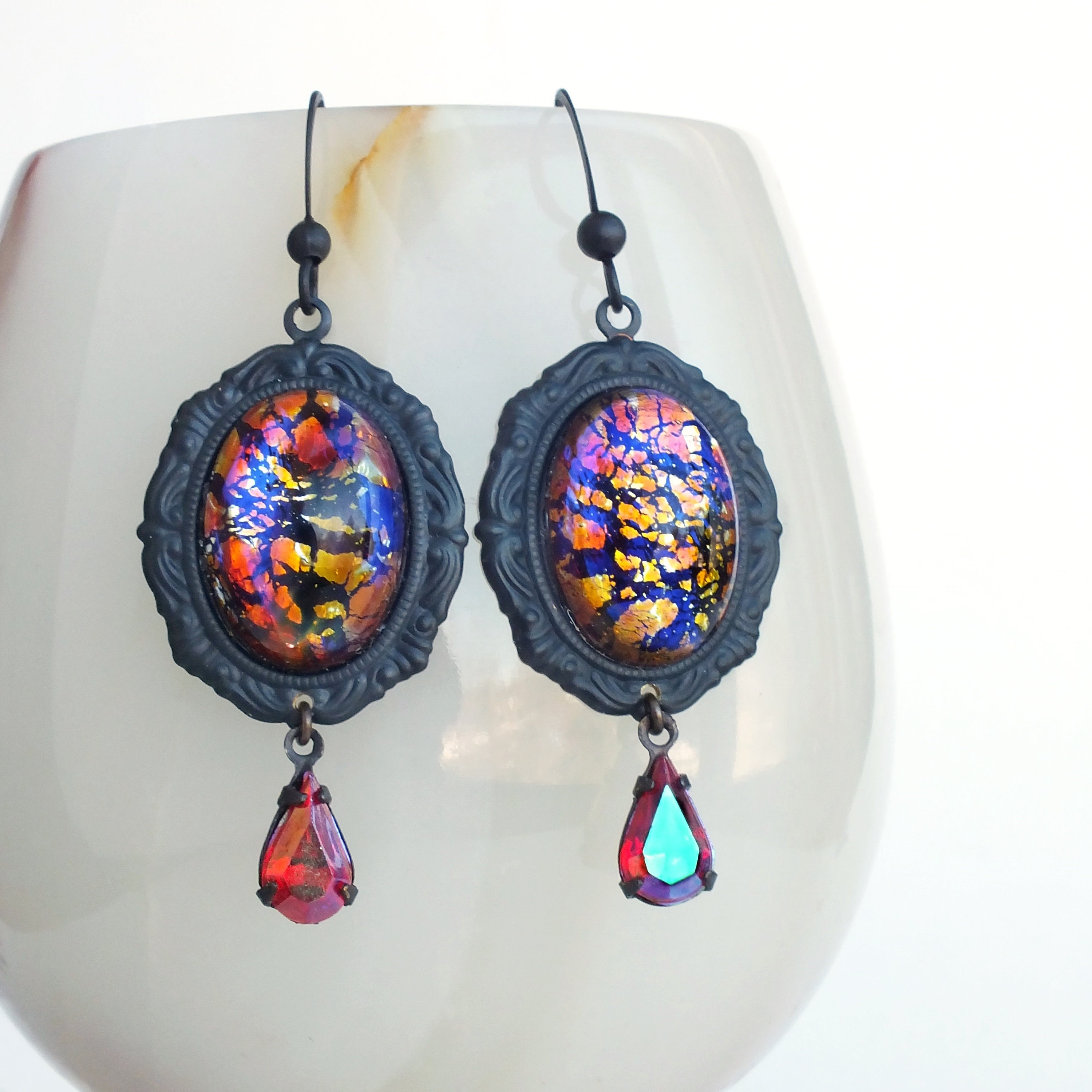 Mexican Fire Opal Earrings Czech Glass Dragons Breath Silver Pltd Leverback Dangle Drops Mexican Fire Opal Earrings Czech Glass Dragons Breath Silver Pltd Leverback Dangle Drops