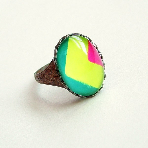 Funky Colorful 80s Neon Lime Ring Painted Vintage Striped Glass Cabochon