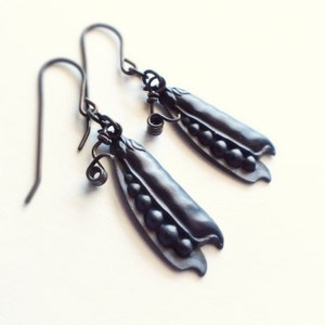 Pea Pod Earrings Pea in a Pod Jewelry Antiqued Brass Charms Black Metal Peas with Tendrils Gift for Gardeners Vegetable Jewelry image 2