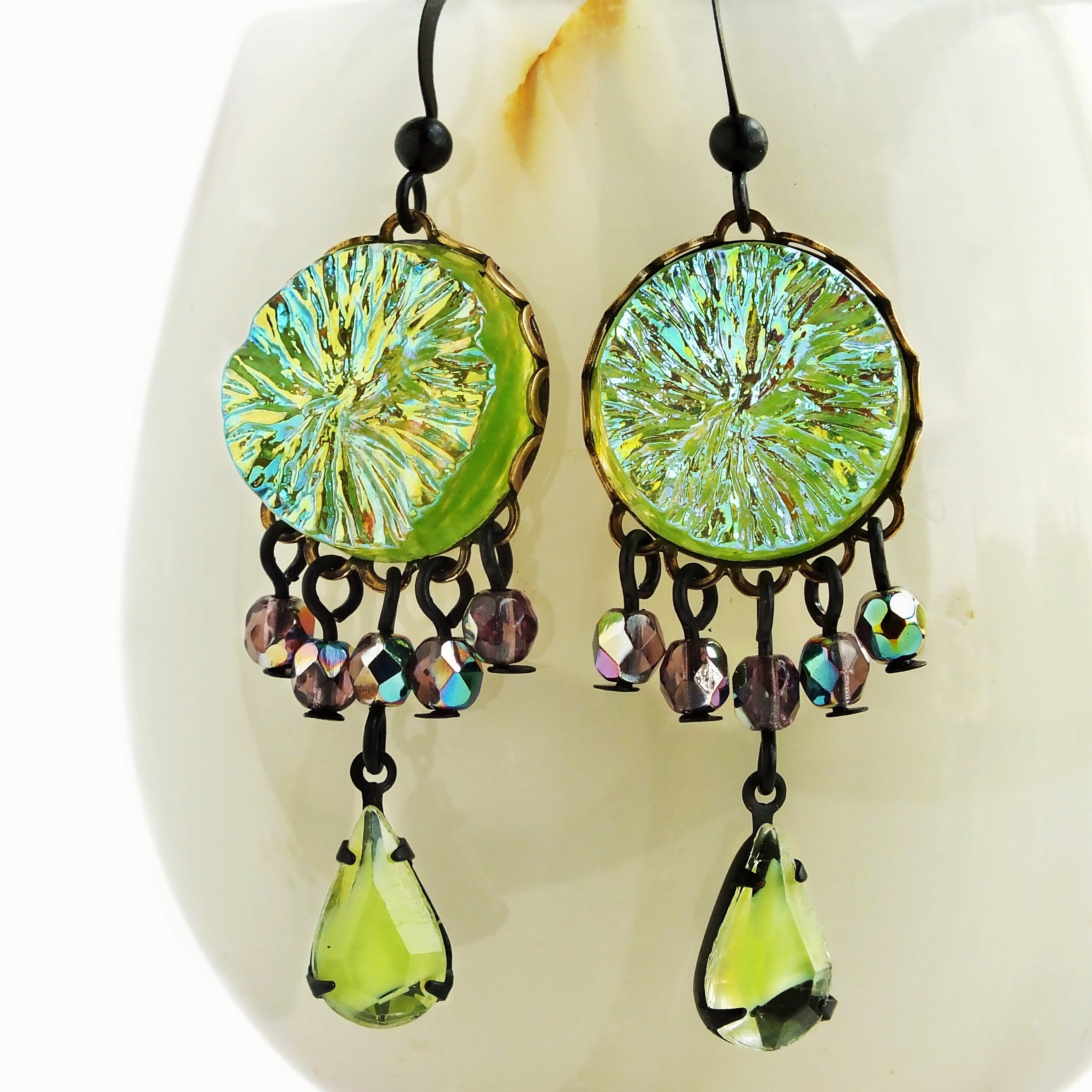 Lime Green Crystal Chandelier Earrings Purple Glass Dangles Lime Green Crystal Chandelier Earrings Purple Glass Dangles Vintage Iridescent Cabochon Jewelry Glamorous Statement