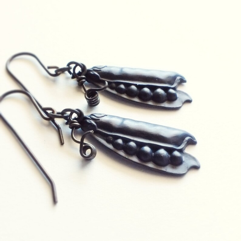 Pea Pod Earrings Pea in a Pod Jewelry Antiqued Brass Charms Black Metal Peas with Tendrils Gift for Gardeners Vegetable Jewelry image 4