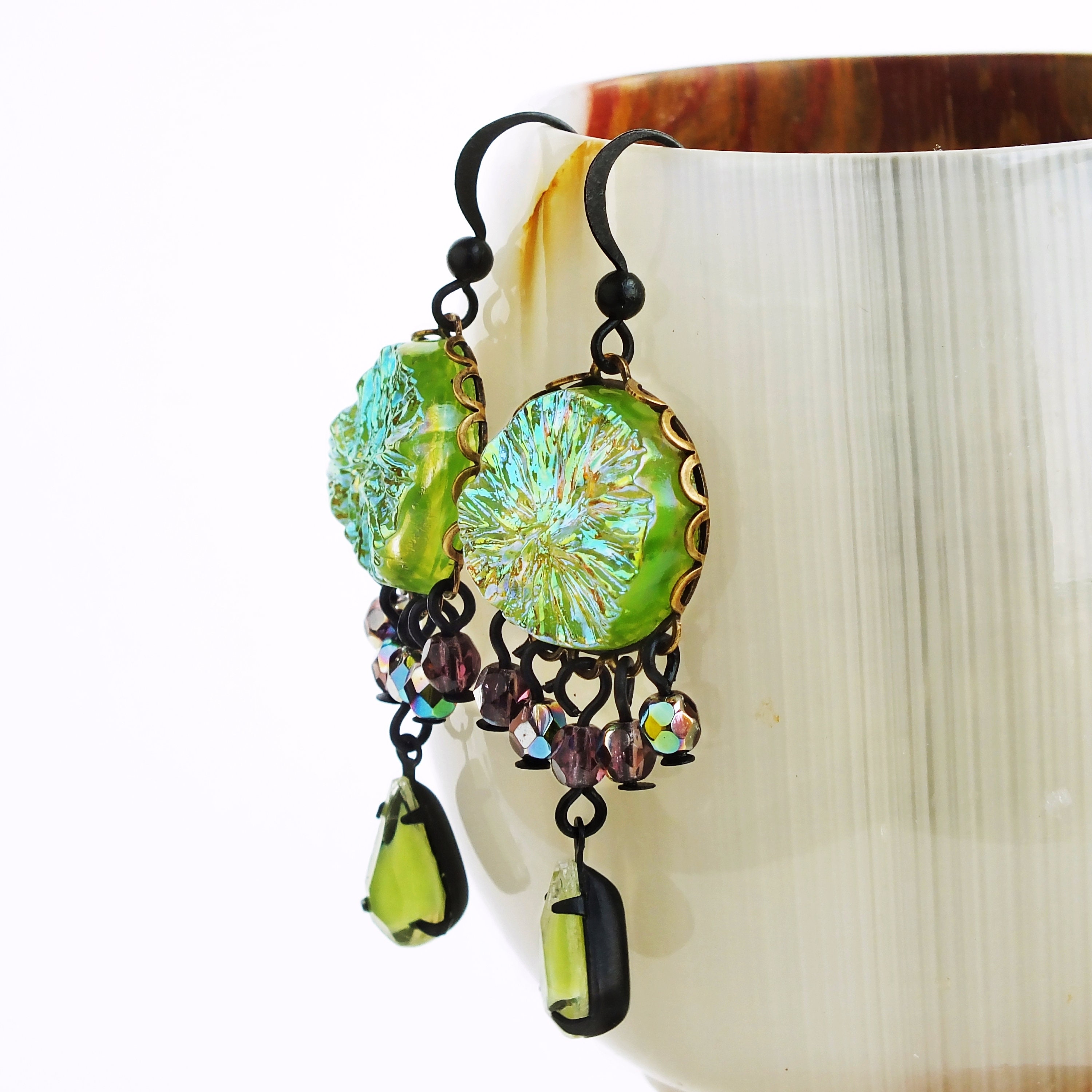 Lime Green Crystal Chandelier Earrings Purple Glass Dangles Gallery Photo