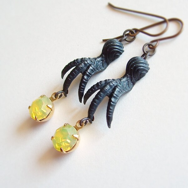 Bird Claw Talon Earrings Black Brass Vintage Yellow Opal Crystals Black Yellow Victorian Jewelry