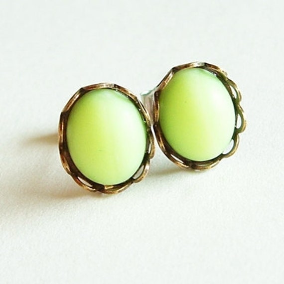 Neon Lime Green Studs Vintage Matte Neon Green Post Earrings Etsy