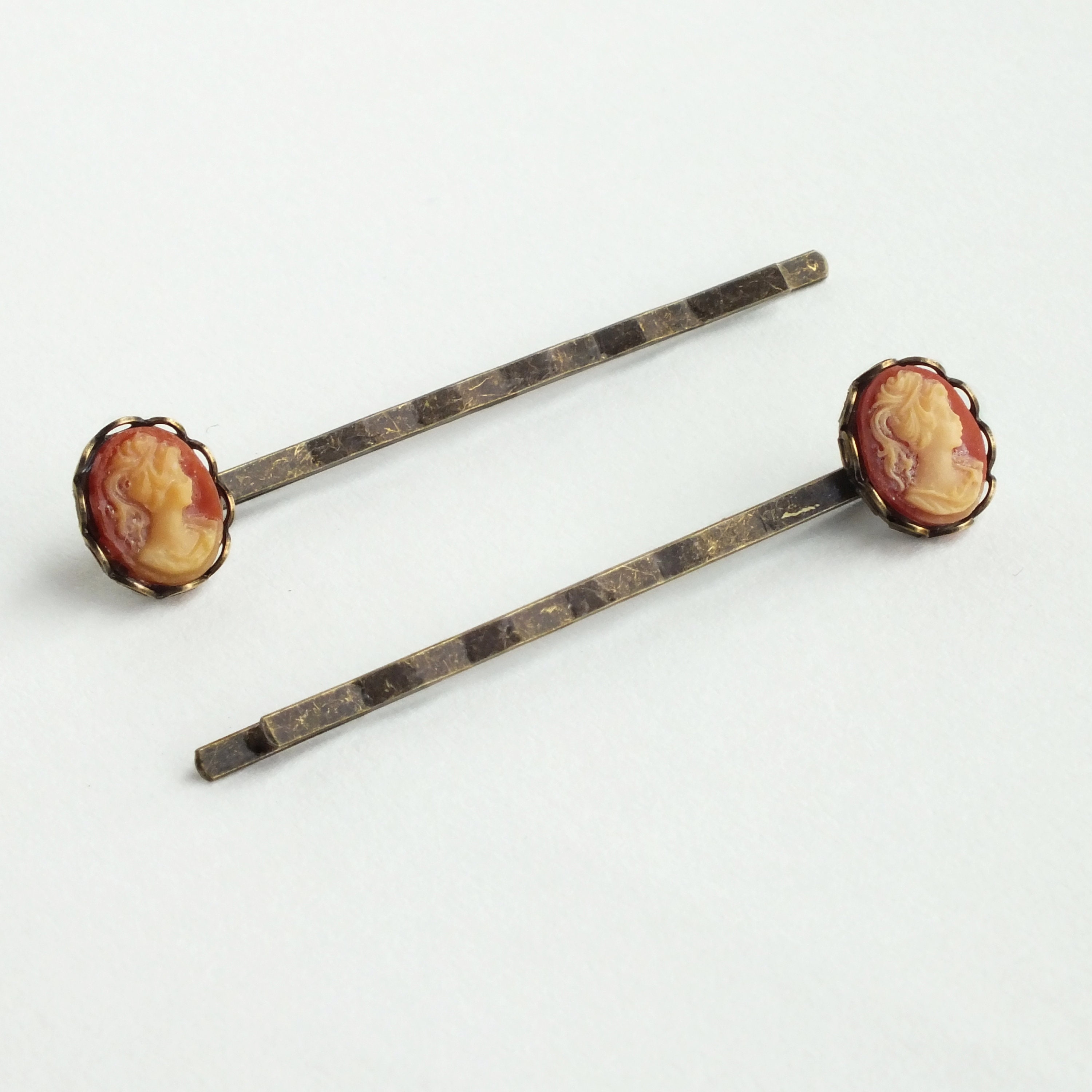 Small Cameo Hair Pins Vintage Coral Carnelian Resin Cameo Bobby