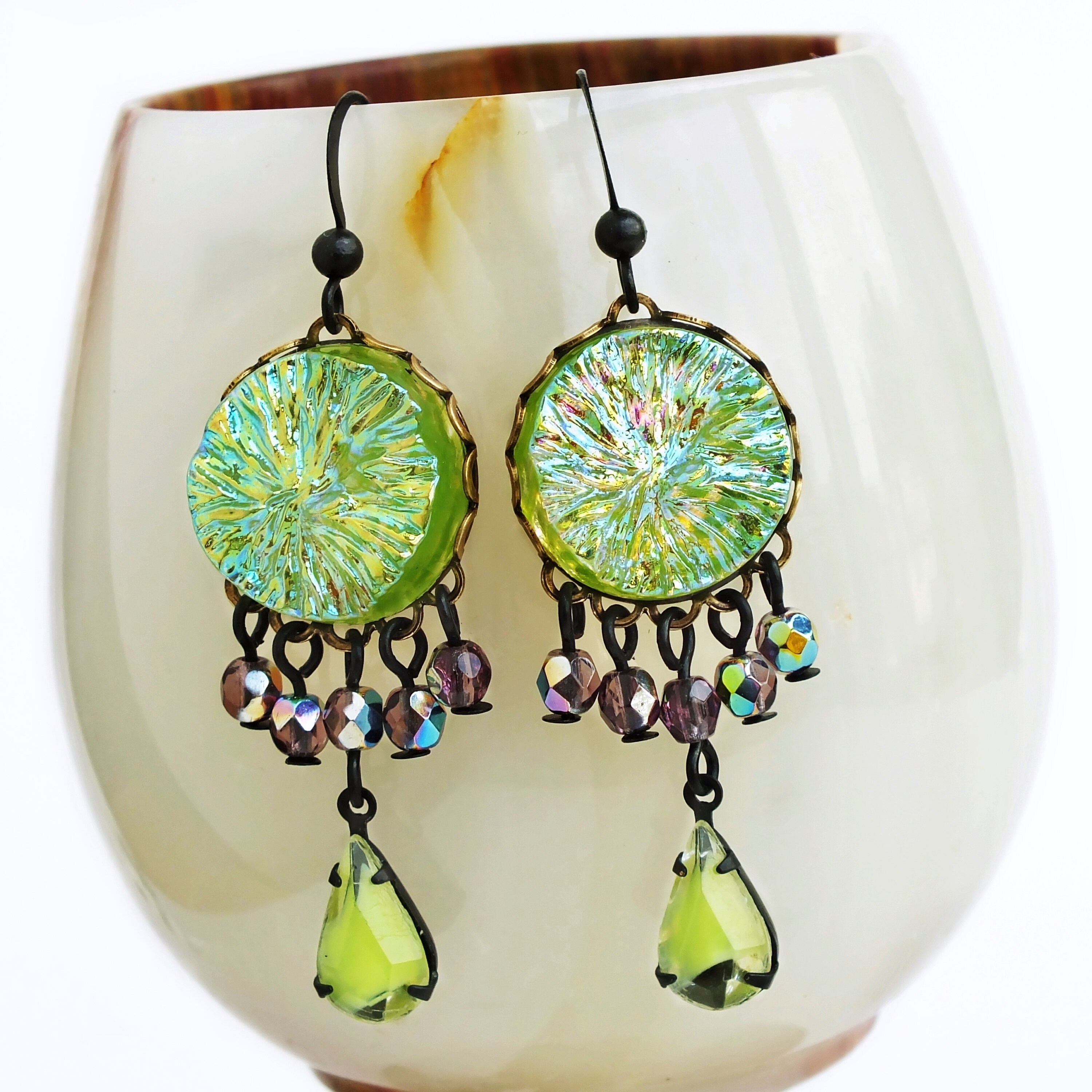 Lime Green Crystal Chandelier Earrings Purple Glass Dangles Gallery Photo