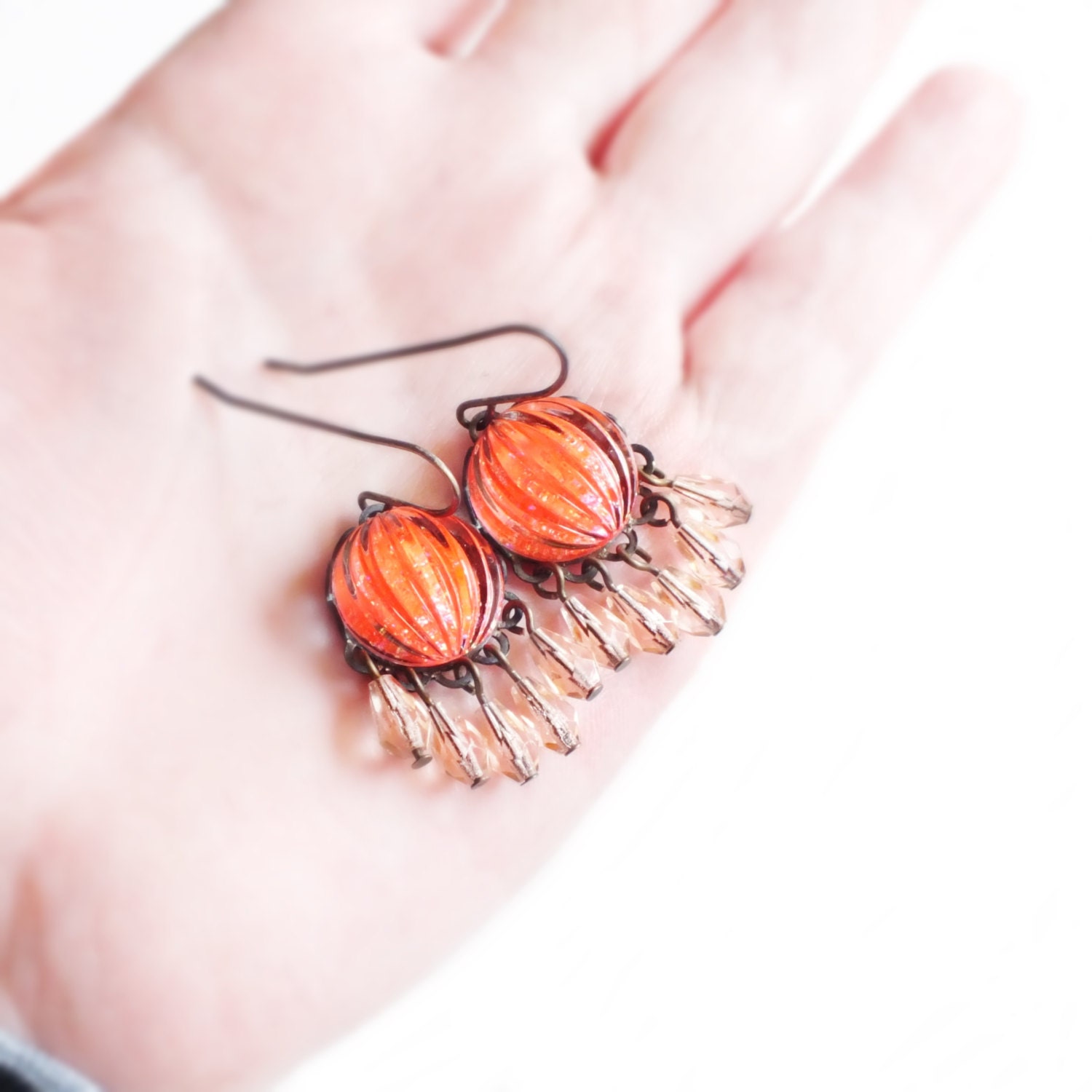 Neon C Chandelier Earrings Vintage Sparkling Domed Ribbed Glass Neon C Chandelier Earrings Vintage Sparkling Domed Ribbed Glass Hot Pink Orange Peach Gallery Photo