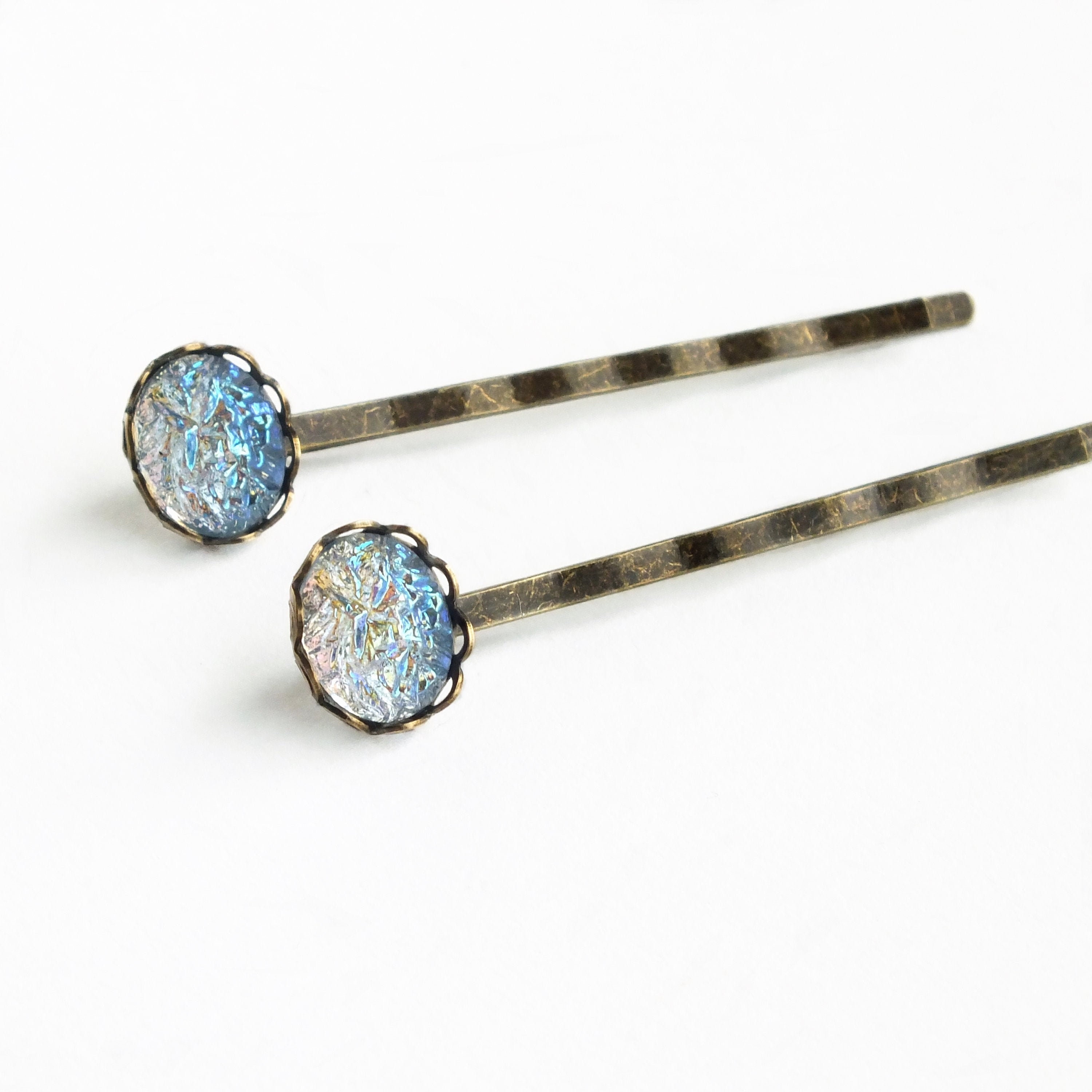 Iridescent Light Blue Hair Pins Vintage Faux Glass Ab Druzy Bobby