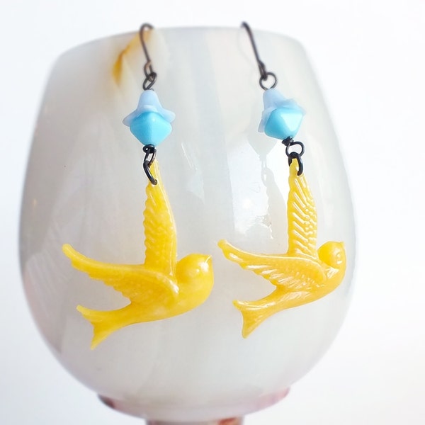 Yellow Bird Earrings Retro Vintage Sailor Tattoo Style Plastic Swallows Yellow Blue