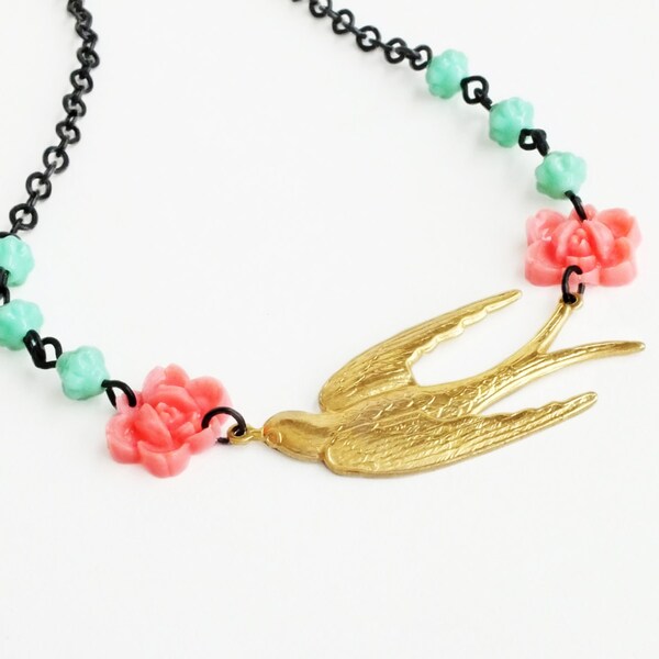 Floral Bird Necklace Brass Swallow Necklace Coral Pink Rose Sparrow Jewelry Vintage Victorian Bridal Wedding Jewelry