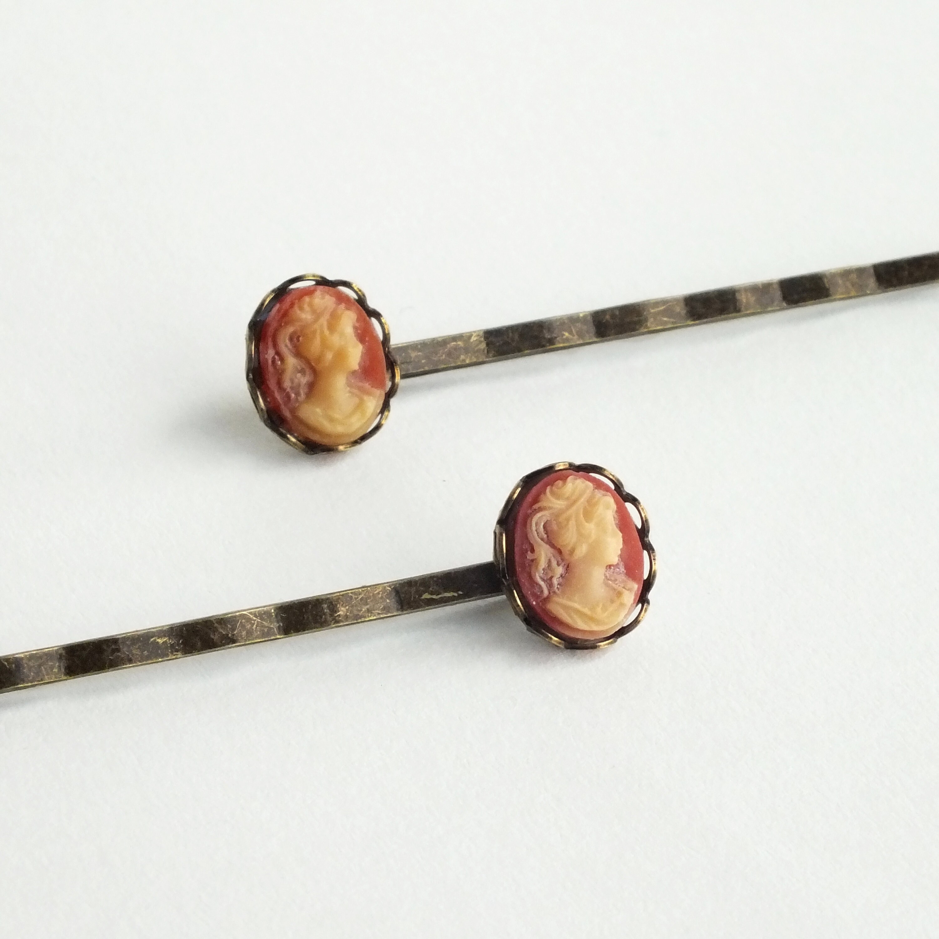 Small Cameo Hair Pins Vintage Coral Carnelian Resin Cameo