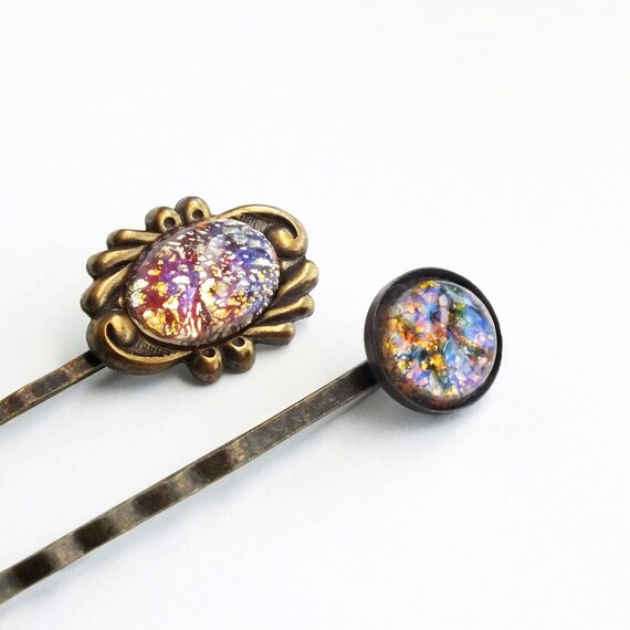 Vintage Glass Fire Opal Hair Pins Victorian Rainbow Hairpins Etsy