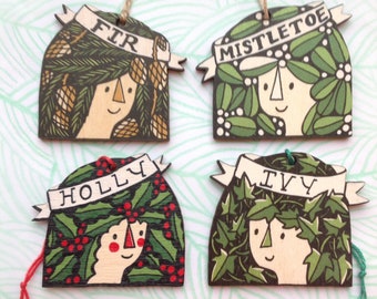 Set of four wooden decorations - holly, ivy, fir & mistletoe