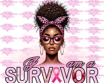 Könnte beinhalten: Eine digitale Illustration einer schwarzen Frau mit lockigem Haar, die ein rosa-schwarzes Bandana und eine Brille trägt. Der Text "I am a SURVIVOR" ist in rosa und weiß mit einem rosa Band in der Mitte.