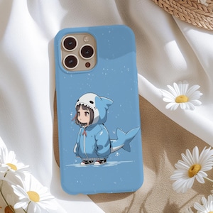 little shark girl case, girl in rainy, shark suit, phone case iphone 15, phone case iphone 13, drawing case, drawing, Cute, Chibi, Cartoon.