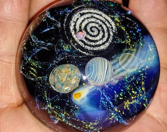 memorial glass ash planet space paperweight with opal 2 inch across with opal handmade for you by Joe Crisanti