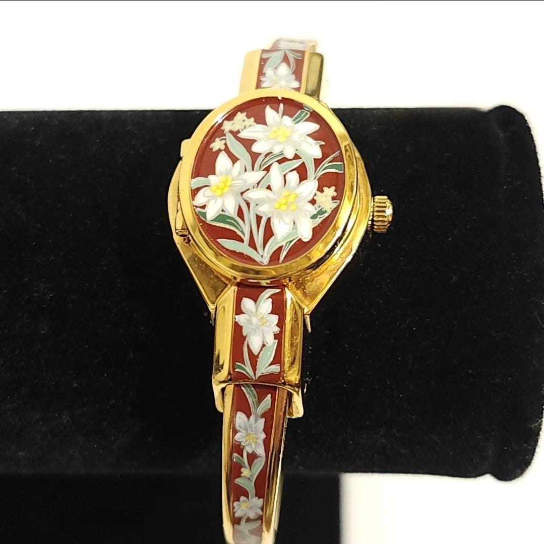 VTG Andre Mouche Watch Enamel Floral Hidden Dial Open Cuff Gold Toned Works