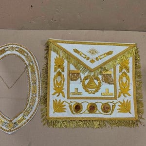 Masonic Lodge Apron - Hand Embroidered Apron - Masonic Chain Collar - Grand Master Apron - Freemasonry Apron - White Velvet Masonic Apron