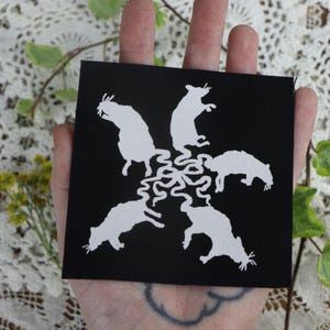 May include: Black square patch featuring a white graphic of five stylized rats arranged in a circle, connected by wavy lines. The rats are in various poses, creating a unique design. The patch is held in a hand.