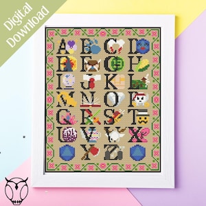 May include: A cross-stitch pattern featuring the alphabet with a different illustration for each letter. The letters are in black and the illustrations are in various colors. The background is a beige fabric with a pink and green border.