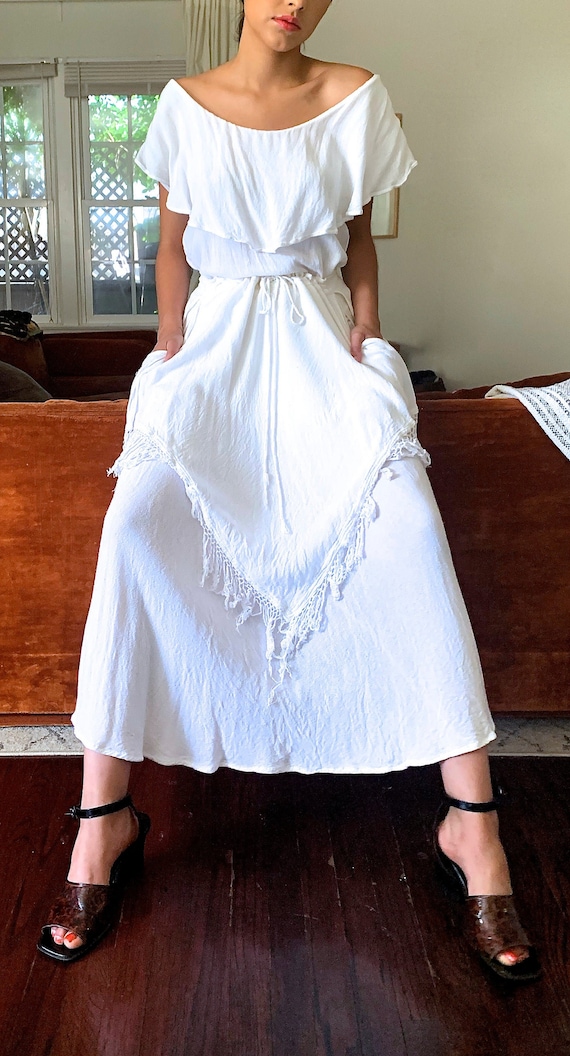 White Cotton Fringe 70's Skirt Set
