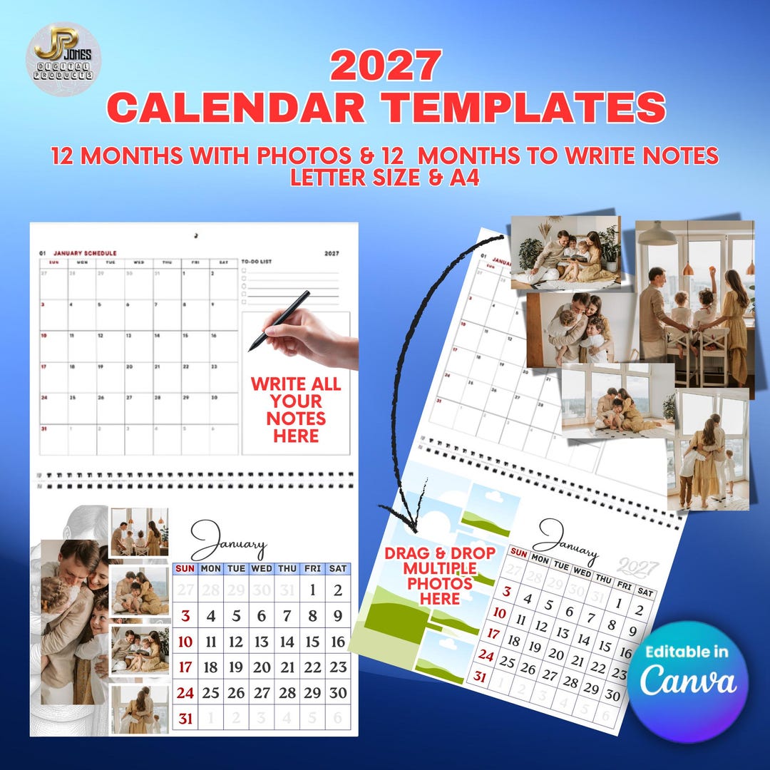 2027 Calendar Template Canva , Editable Photo Calendar , Printable