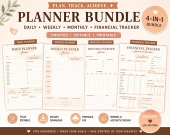 4-in-1 Planner Bundle , Daily, Weekly, Monthly Planner + Financial Tracker, Editable Printable , Minimal Aesthetic Planner , Undated Planner
