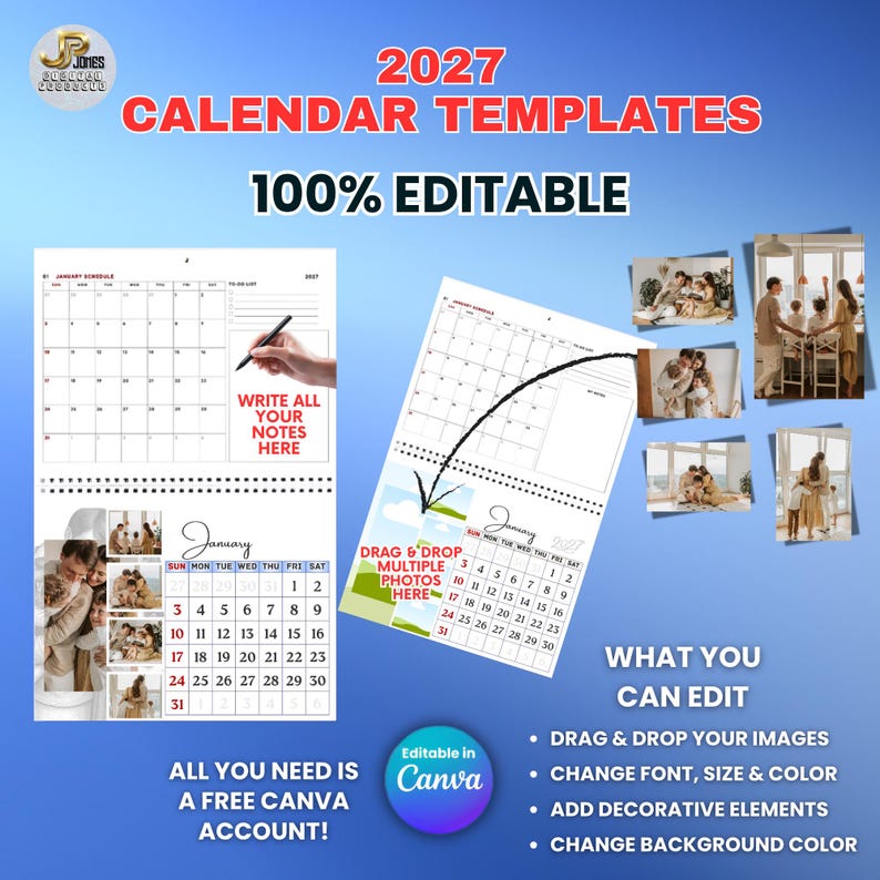 Editable 2027 Calendar, Photo Canva Templates, Custom 12 Months With