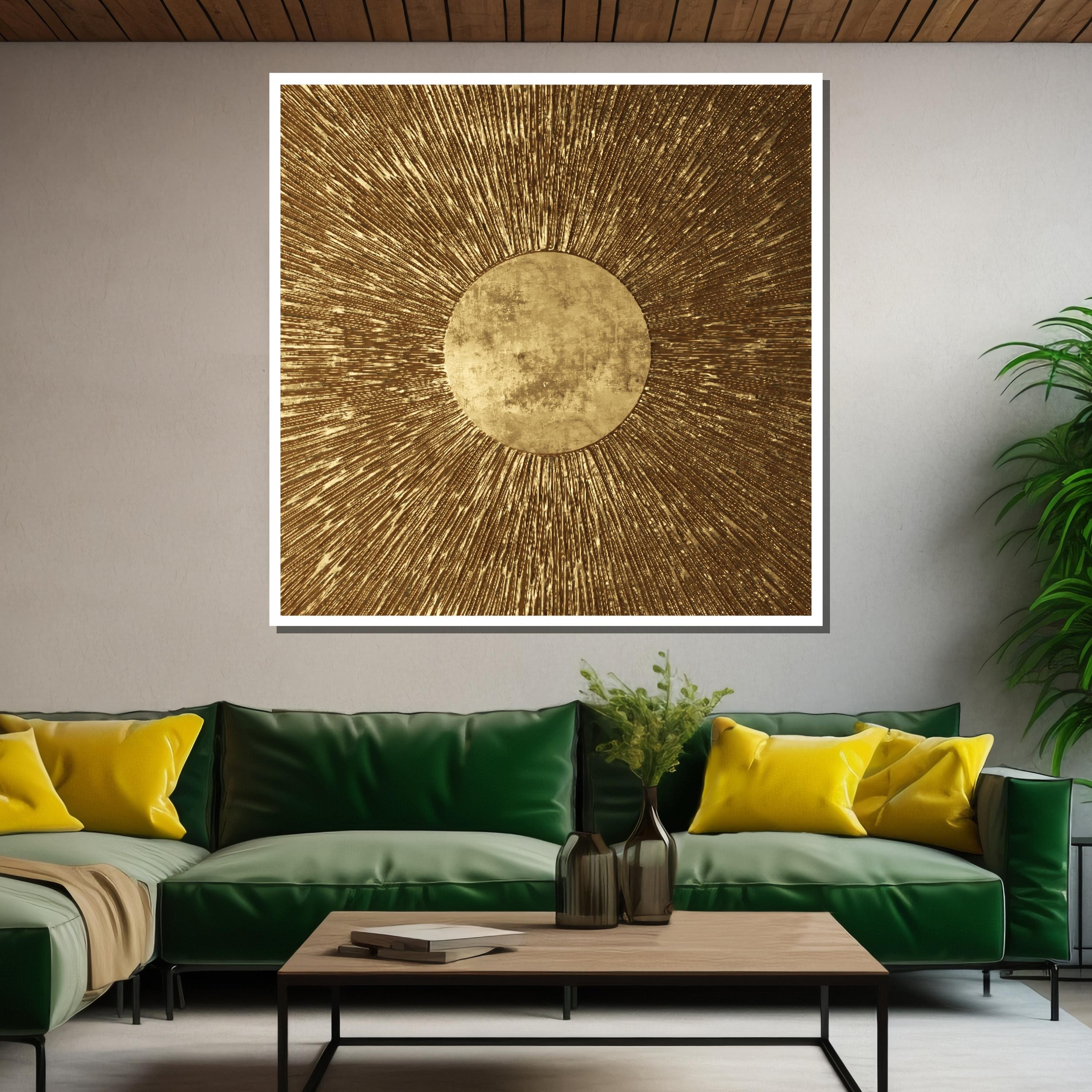 Golden Sunburst Art, Metallic Abstract Sun, Radiant Gold Wall Art