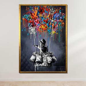 Colorful Balloon Graffiti Canvas, Child Street Art Print, Urban Wall Art, Modern Street Art Decor, Ready to Hang