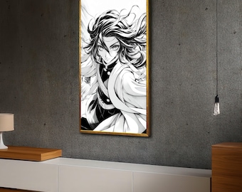 Dynamic Anime Character Canvas, Black and White Manga Portrait, Dramatic Hair Flow Wall Art, Energetic Figure Illustration, Home Decor