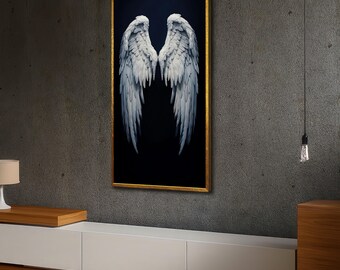 Angel Wings Canvas Wall Art, White Feather Wings Decor, Spiritual Inspirational Canvas, Mystical Dark Background, Ready to Hang Wall Art