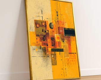 Arte de pared geométrico abstracto moderno en lienzo, formas de color amarillo anaranjado, decoración contemporánea del hogar, obra de arte de mediados de siglo, lienzo listo para colgar