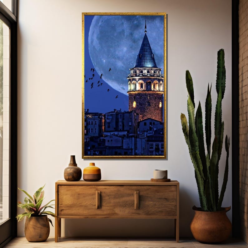 Galata Tower Moonlit Night Art, Istanbul Skyline Canvas, Majestic Full ...