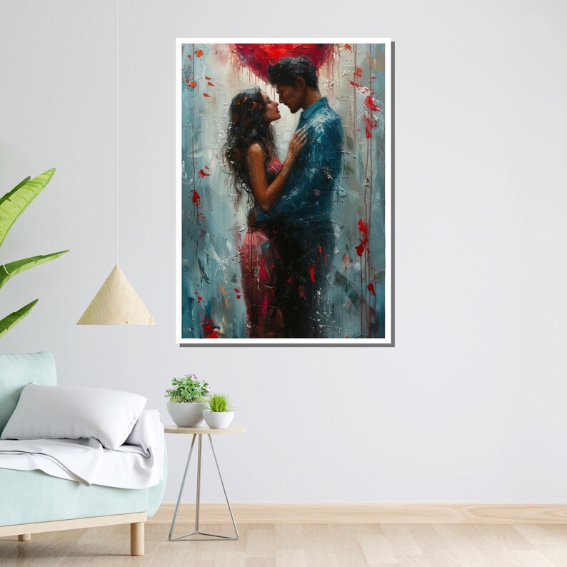 May include: A painting of a couple embracing, with a red heart shape in the background. The man is wearing a blue shirt and the woman is wearing a red dress. The painting is done in a painterly style with visible brushstrokes.