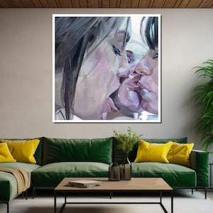 Romantic Lesbian Kiss Painting, Sensual Abstract Love Art, Intimate LGBTQ+ Couple Canvas, Expressive Modern Wall Decor image 5