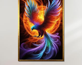Vibrant Phoenix Rising Art, Mythical Bird Canvas, Fiery Fantasy Wall Print, Colorful Phoenix Decor, Majestic Firebird Poster, Mythology Art