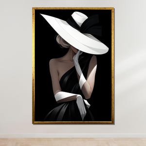 Sophisticated Woman in Hat Canvas, Fashion Glamour Wall Art, Black and White Lady Print, Elegant Portrait Art, Ready to Hang