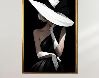 Sophisticated Woman in Hat Canvas, Fashion Glamour Wall Art, Black and White Lady Print, Elegant Portrait Art, Ready to Hang