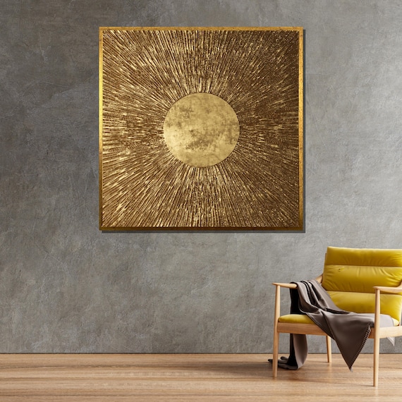 Golden Sunburst Art, Metallic Abstract Sun, Radiant Gold Wall Art