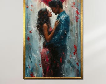 May include: A painting of a couple embracing, with a red heart shape in the background. The woman is wearing a pink dress and the man is wearing a blue shirt. The painting is done in a loose, expressive style with visible brushstrokes.