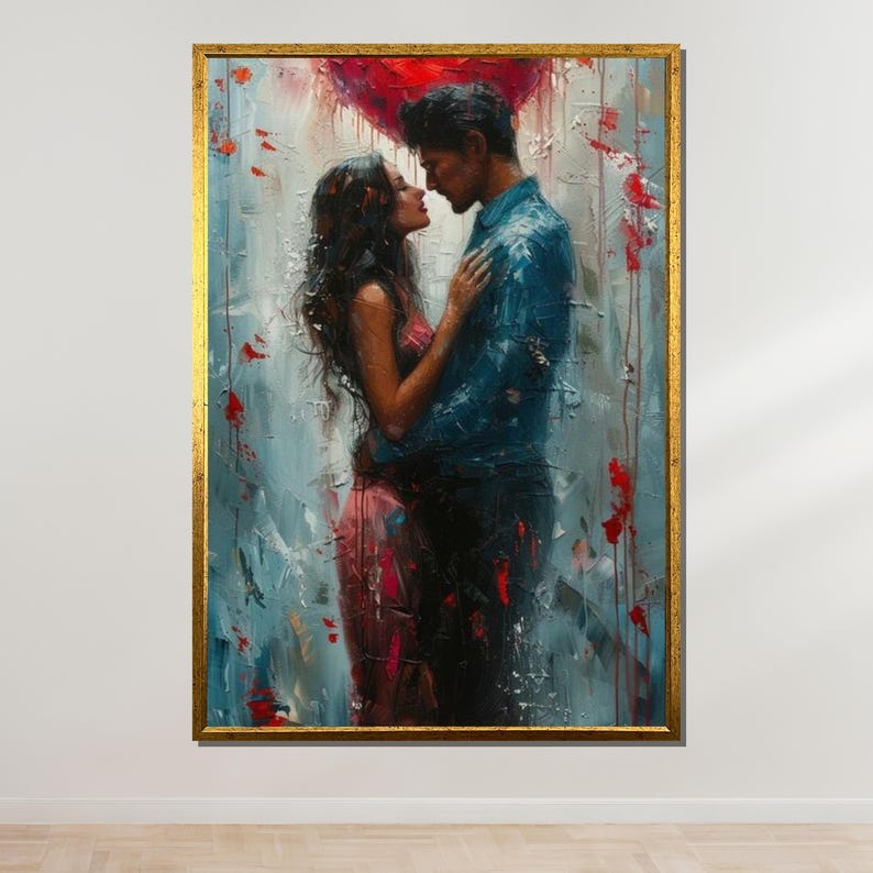 May include: A painting of a couple embracing, with a red heart shape in the background. The woman is wearing a pink dress and the man is wearing a blue shirt. The painting is done in a loose, expressive style with visible brushstrokes.