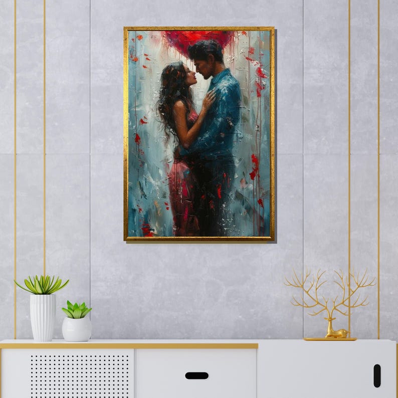 May include: A painting of a couple embracing, with the man in a blue shirt and the woman in a red dress. The background is a blurred abstract of blue, white, and red.