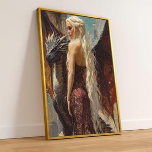 Fantasy Dragon and Woman Canvas Wall Art, Mythical Creature Painting, Medieval Style Home Decor, Dramatic Fantasy Canvas, Elegant Figure