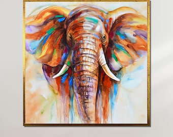 Lienzo de elefante vibrante, arte de pared de elefante colorido, pintura abstracta de animales, retrato de elefante, listo para colgar