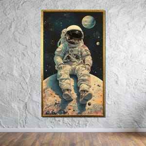 Astronaut on the Moon Canvas, Space Explorer Wall Art, Cosmic Adventure Print, Outer Space Decor, Ready to Hang Art