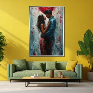 May include: A painting of a couple embracing, with a red heart shape above them. The man is wearing a blue shirt and the woman is wearing a red dress. The background is a textured, abstract design with splashes of color.