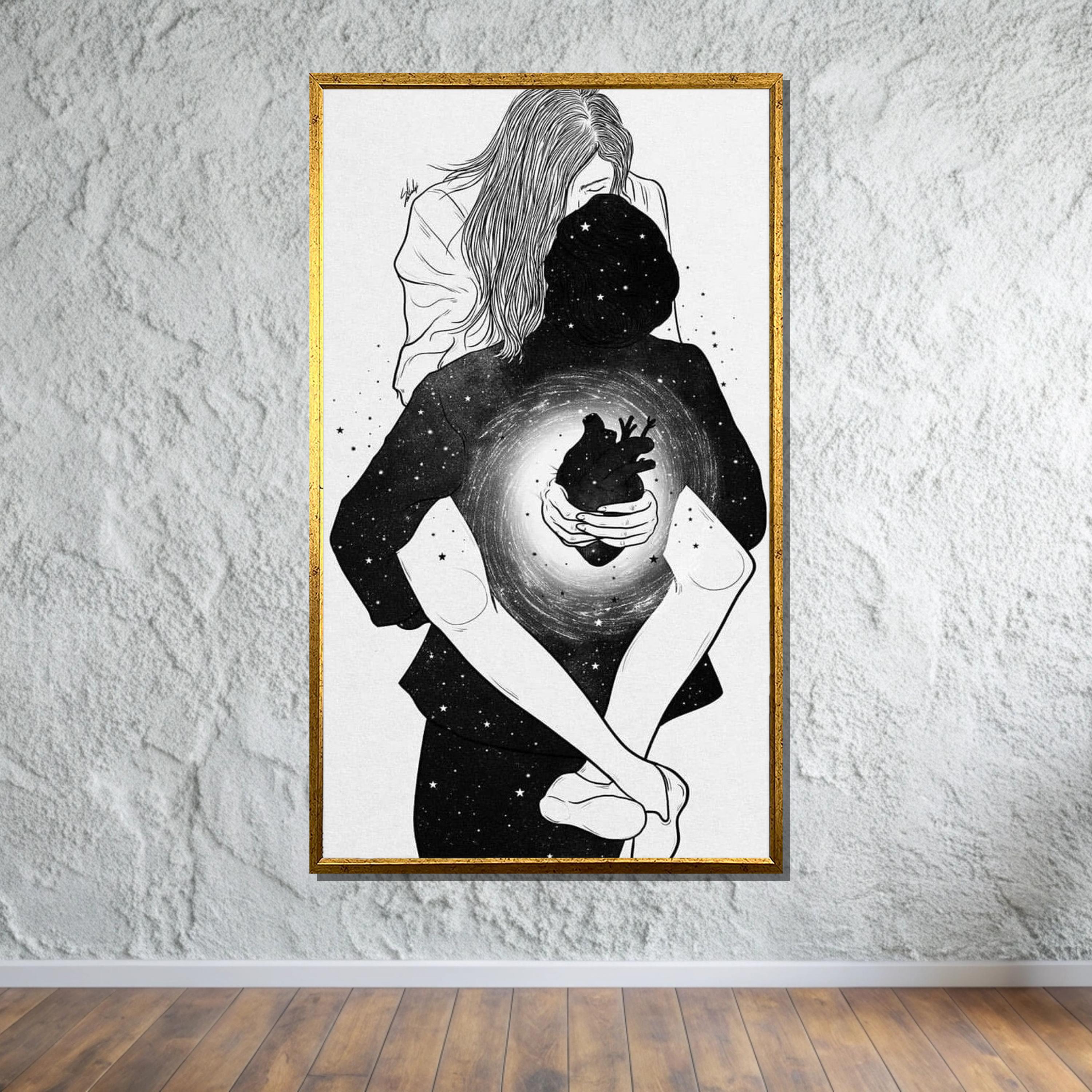 Cosmic Lovers Illustration, Surreal Couple Art, Black and White