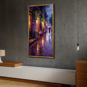 Rainy Evening Cityscape Canvas, Romantic Street Scene Wall Art, Umbrella Walk Painting, Urban Reflection Canvas, Cozy Home Decor