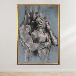 情熱的な抱擁キャンバス、親密なカップルのアートワーク、官能的な白黒アート、抽象的なロマンチックな壁アート、すぐに掛けられる装飾